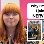 Student Pip is sitting in the Nerve Radio station smiling at the camera with the words Why I'm glad I joined Nerve Radio and two smaller images of a group of friends in a lift and the radio equipment