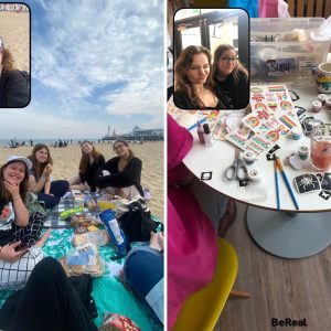 collage of two photos. Young women having a picnic at the beach. Young women at a Student Union fair, with a table of temporary tattoos.