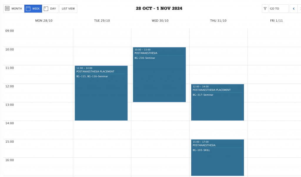 An example of a Bournemouth University Timetable with Seminars on Tuesday, Wednesday and Thursday and a Skills Session on Thursday.